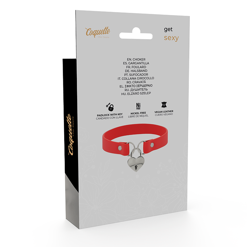 COQUETTE CHIC DESIRE - COLLIER ROUGE EN CUIR VEGAN AVEC ACCESSOIRE CŒUR ET CLÉ