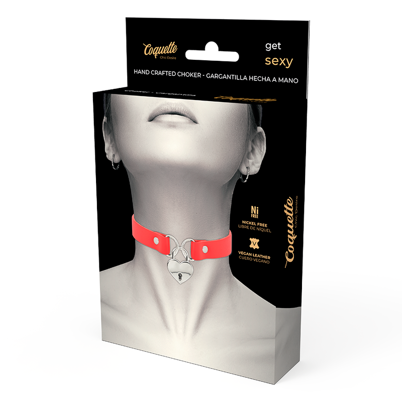 COQUETTE CHIC DESIRE - COLLIER ROUGE EN CUIR VEGAN AVEC ACCESSOIRE CŒUR ET CLÉ