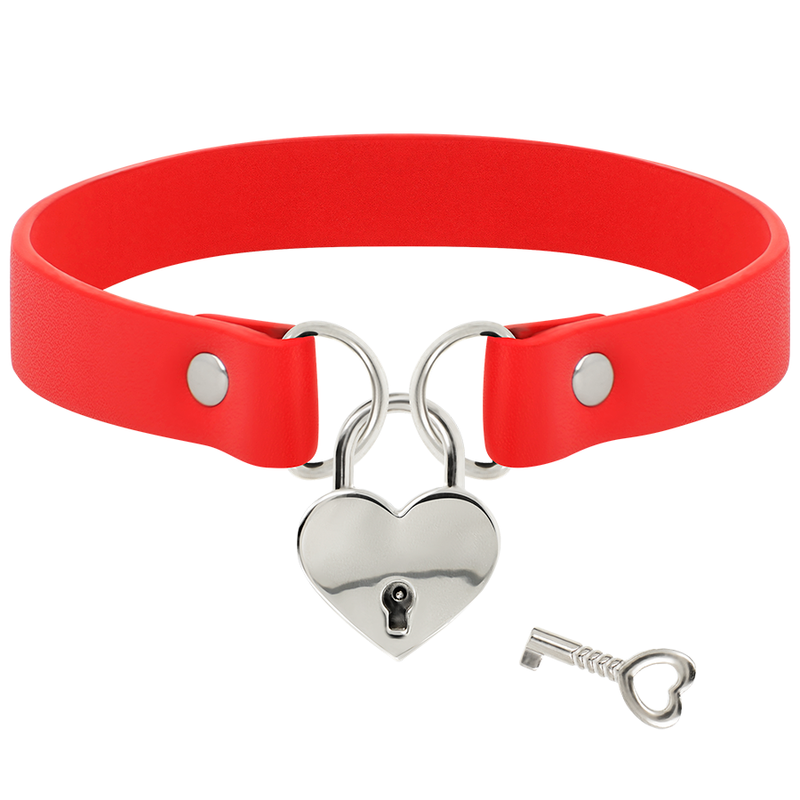 COQUETTE CHIC DESIRE - COLLIER ROUGE EN CUIR VEGAN AVEC ACCESSOIRE CŒUR ET CLÉ