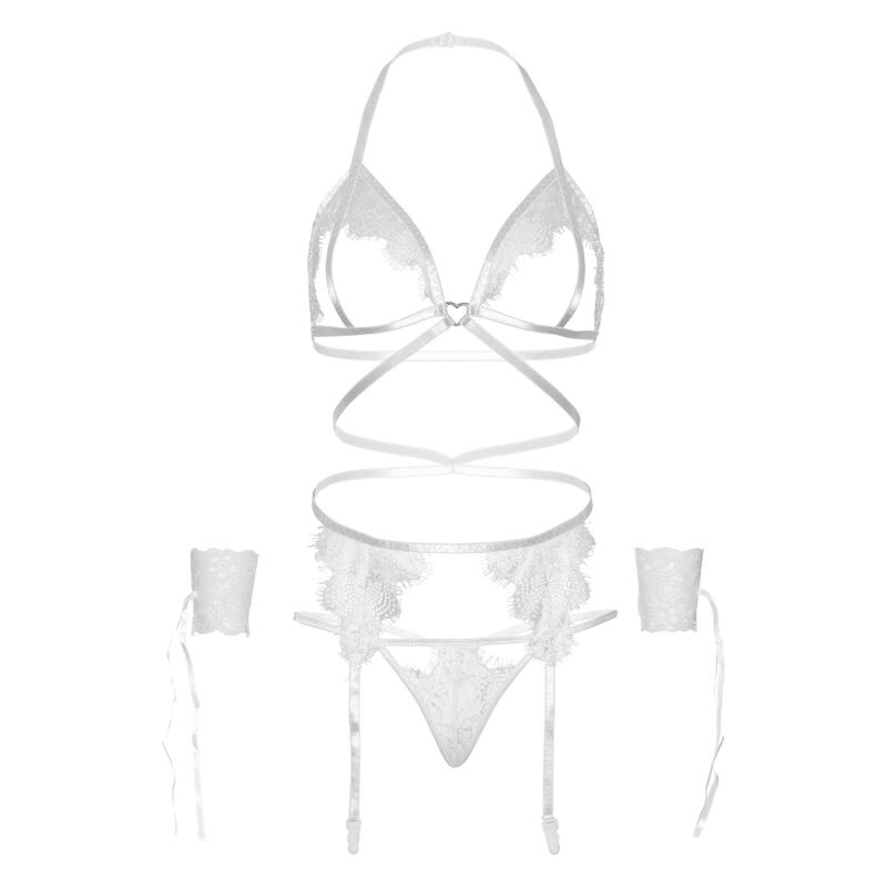 LEG AVENUE ENSEMBLE QUATRE PIÈCES SOUTIEN-GORGE, PORTE-JARRETELLES, STRING ET POIGNETS TAILLE UNIQUE - NOIR