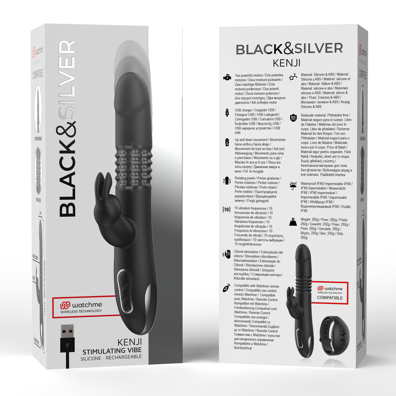 NOIR&ARGENT - VIBROMASSEUR LAPIN KENJI UP & DOWN + TÉLÉCOMMANDE WATCHME