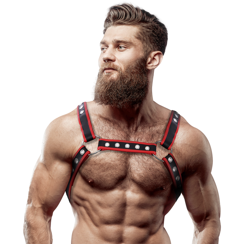 ATTITUDE FETICHE SOUMISE - HARNAIS POITRINE BULLDOG EN CUIR VÉGÉTALIEN POUR HOMMES, NOIR/ROUGE