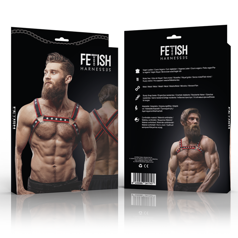 ATTITUDE FETICHE SOUMISE - HARNAIS POITRINE BULLDOG EN CUIR VÉGÉTALIEN POUR HOMMES, NOIR/ROUGE