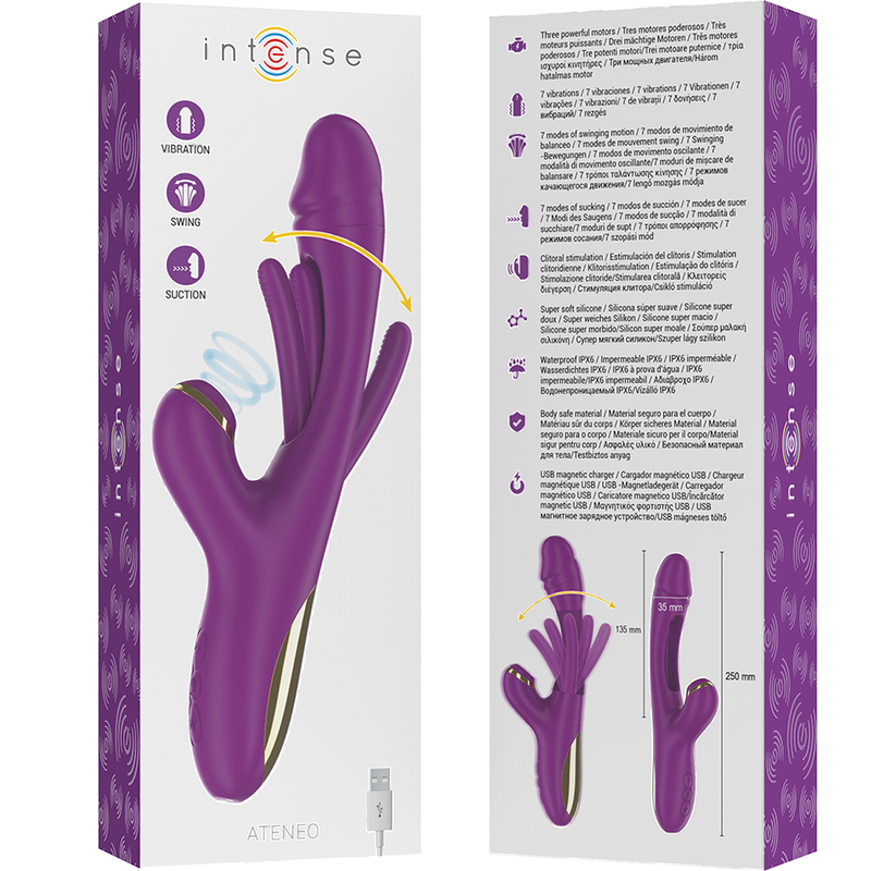 INTENSE - ATENEO WIEDERAUFLADBARER MULTIFUNKTIONSVIBRATOR 7 VIBRATIONEN MIT OSZILLIERENDER ZUNGE UND LILA SAUGROHR