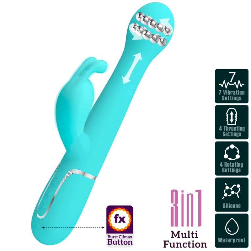 PRETTY LOVE - VIBROMASSEUR LAPIN DEJON MULTIFONCTION 3 EN 1 VERT D'EAU
