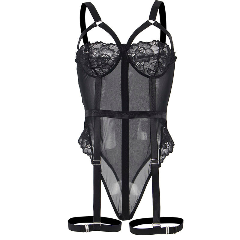 SUBBLIME - TEDDY AVEC PORTE-JARRETELLES DÉTAIL BANDES POITRINE NOIR S/M