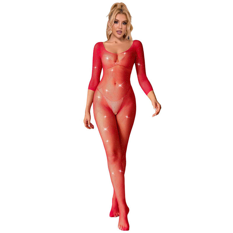 SUBBLIME - 952419 BODY CHAUSSETTE RÉSILLE AVEC DIAMANTS, MANCHES LONGUES, ROUGE, XS/M