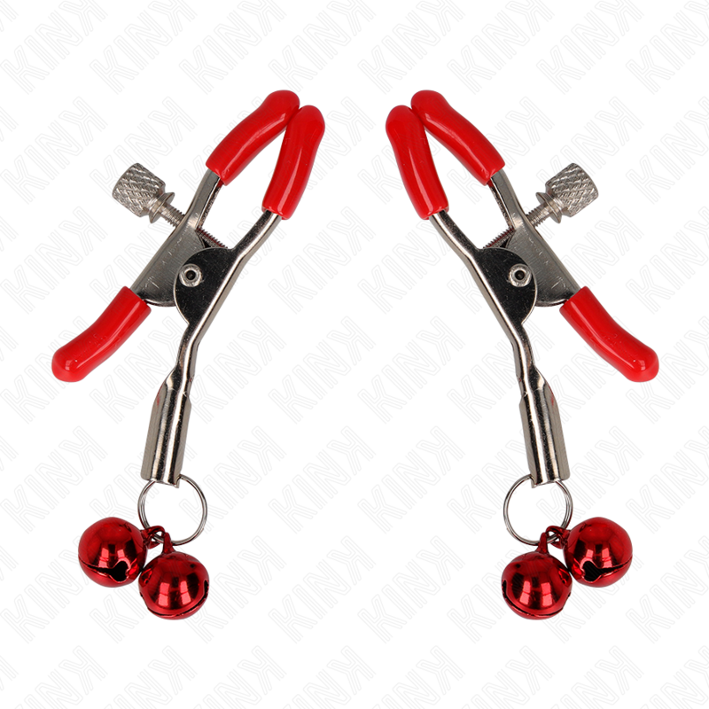 KINK - PINCES À TÉTONS DOUBLE CLOCHETTE ROUGE ROUGES 6 CM