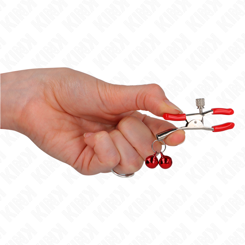 KINK - PINCES À TÉTONS DOUBLE CLOCHETTE ROUGE ROUGES 6 CM