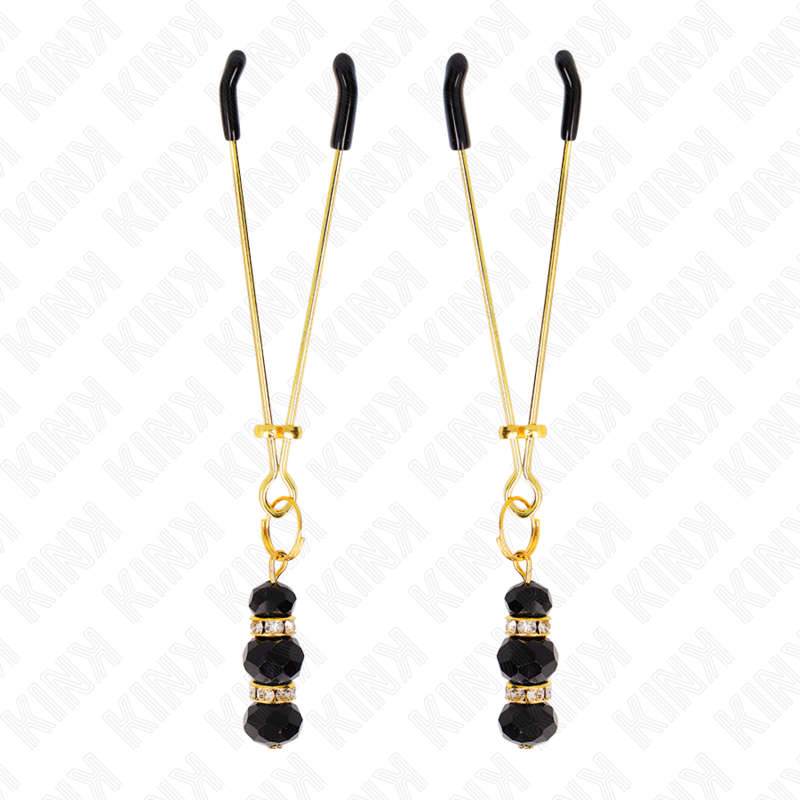 KINK - PINCES À TÉTONS DORÉES FINES AVEC 3 PERLES EN VERRE NOIRES 7 CM