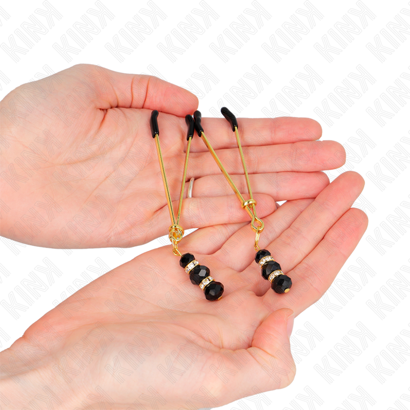KINK - PINCES À TÉTONS DORÉES FINES AVEC 3 PERLES EN VERRE NOIRES 7 CM
