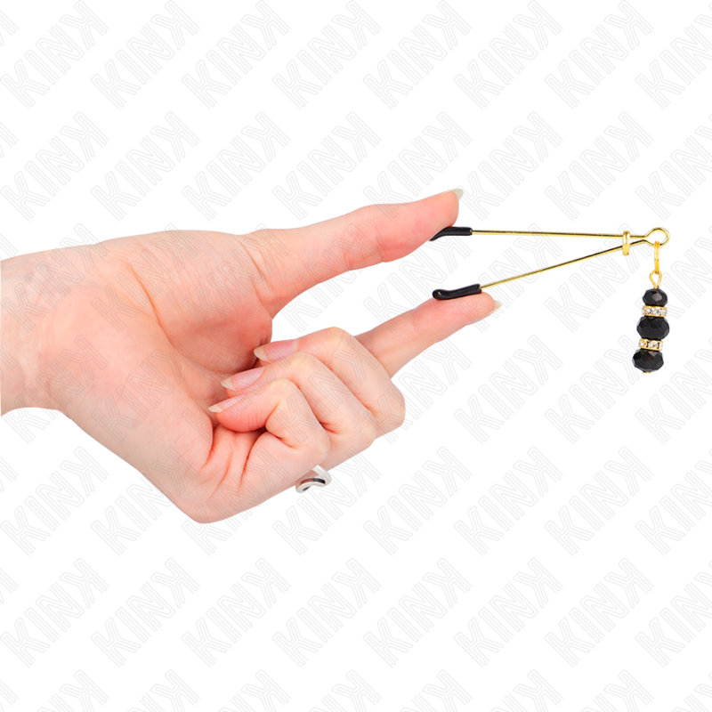 KINK - PINCES À TÉTONS DORÉES FINES AVEC 3 PERLES EN VERRE NOIRES 7 CM