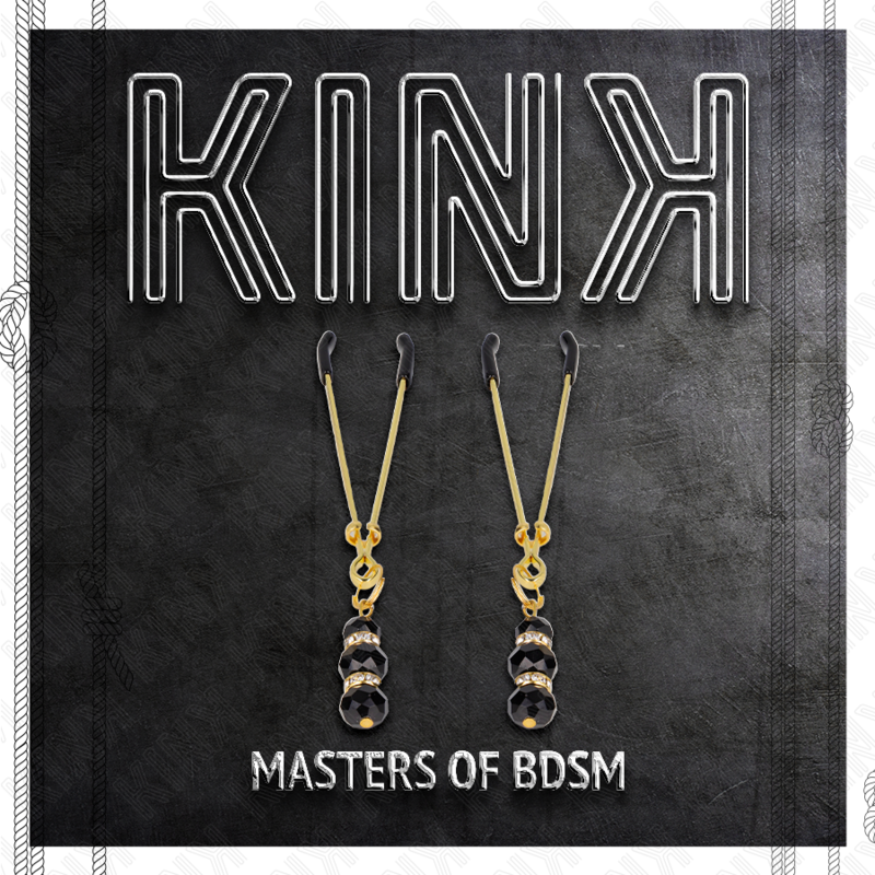 KINK - PINCES À TÉTONS DORÉES FINES AVEC 3 PERLES EN VERRE NOIRES 7 CM