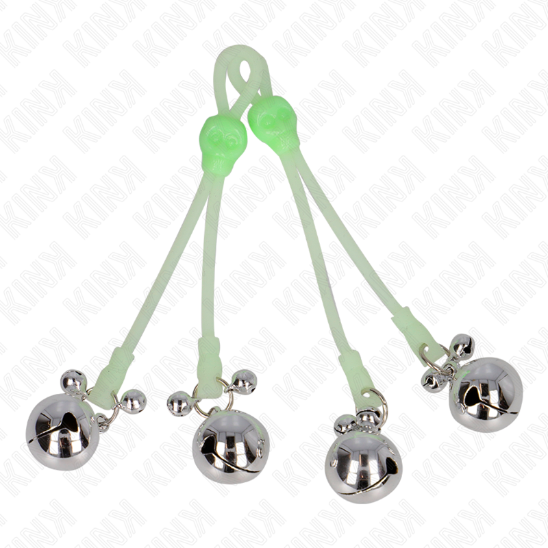KINK - PINCES À TÉTONS TÊTE DE MORT LUMINEUSES AVEC PETITES CLOCHES RÉGLABLES VERT/ARGENT