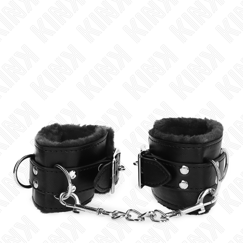 KINK - MENOTTES FOURRÉES NOIR AVEC SANGLE NOIRE RÉGLABLE 17-29 CM X 6 CM