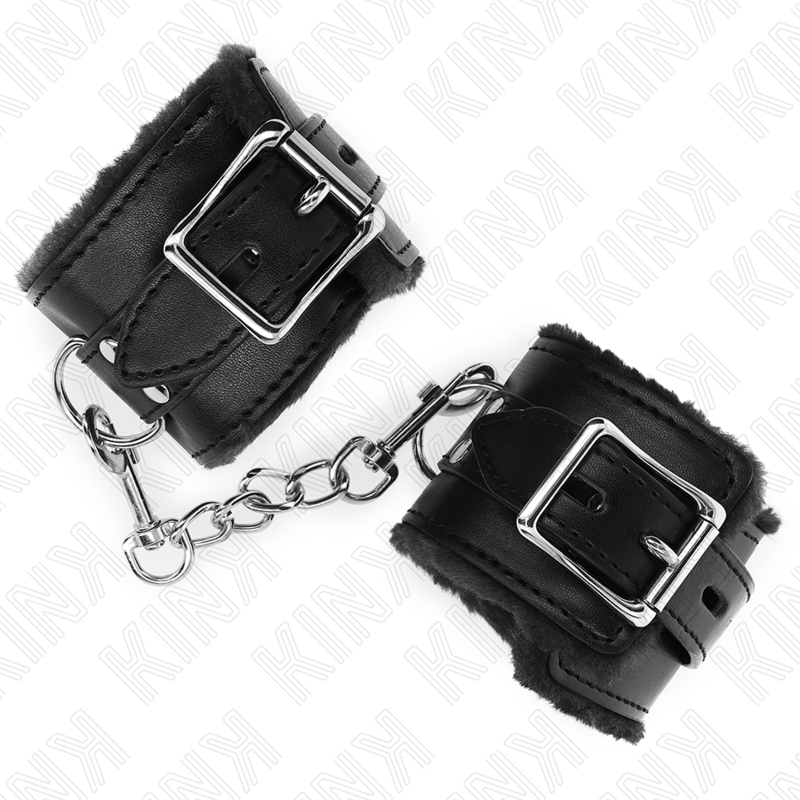 KINK - MENOTTES FOURRÉES NOIR AVEC SANGLE NOIRE RÉGLABLE 17-29 CM X 6 CM