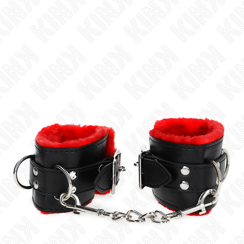 KINK - MENOTTES DOUBLÉES DE FOURRURE AVEC TROUS CARRÉS, SANGLE ROUGE ET NOIRE, AJUSTABLES 17-29 CM X 6 CM