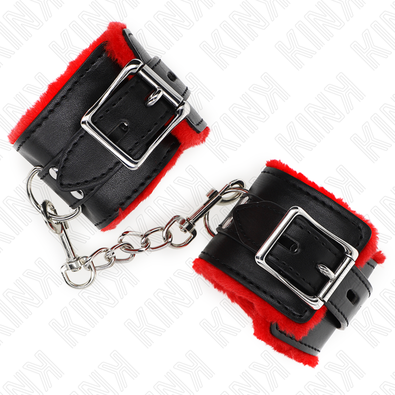 KINK - MENOTTES DOUBLÉES DE FOURRURE AVEC TROUS CARRÉS, SANGLE ROUGE ET NOIRE, AJUSTABLES 17-29 CM X 6 CM