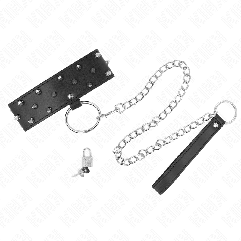 KINK - COLLIER AVEC LAISSE 65 CM AVEC RIVETS ARGENTÉS MODÈLE 5 RÉGLABLE 36-43 CM X 5 CM