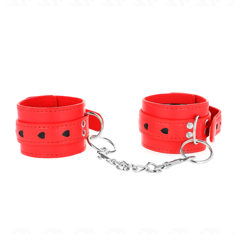 KINK - MENOTTES ROUGES EN CUIR AVEC CŒUR NOIR, RÉGLABLES 21-28 CM X 5,5 CM