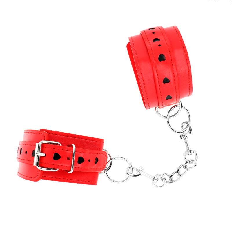 KINK - MENOTTES ROUGES EN CUIR AVEC CŒUR NOIR, RÉGLABLES 21-28 CM X 5,5 CM