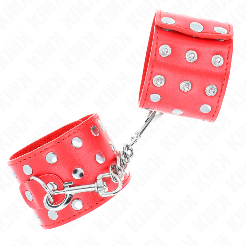 KINK - MENOTTES AVEC BOUCLE À PRESSION REMPLIES DE RIVETS ROUGE RÉGLABLE 19-24 CM X 5,5 CM