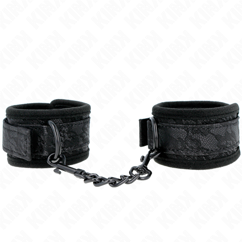 KINK - MENOTTES EN NÉOPRÈNE NOIR AVEC BORDURE EN DENTELLE, RÉGLABLES 20-29 CM X 5 CM