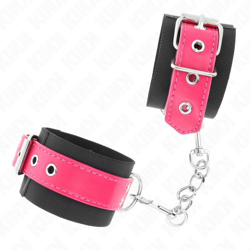 KINK - MENOTTES EN NYLON NOIR AVEC SANGLE EN SIMILICUIR ROSE FRAMBOISE RÉGLABLES 19-29 CM X 5,1 CM