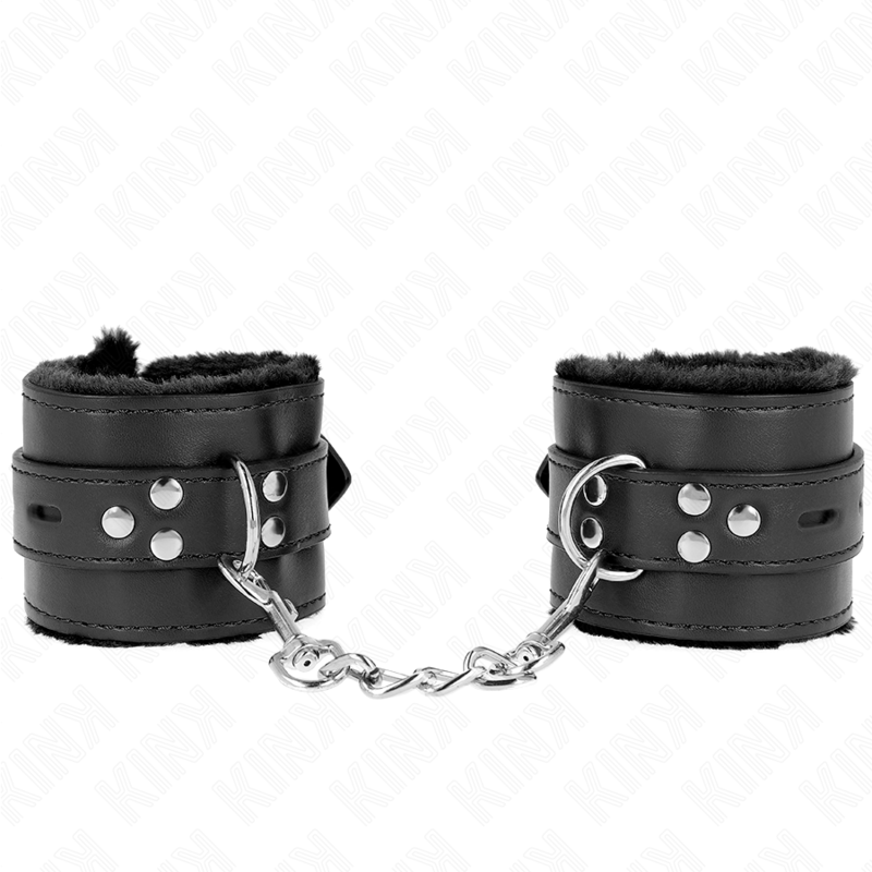 KINK - MENOTTES DOUBLÉES DE FOURRURE AVEC DES TROUS CARRÉS, NOIR ET NOIR, CEINTURE RÉGLABLE 17-29 CM X 6 CM