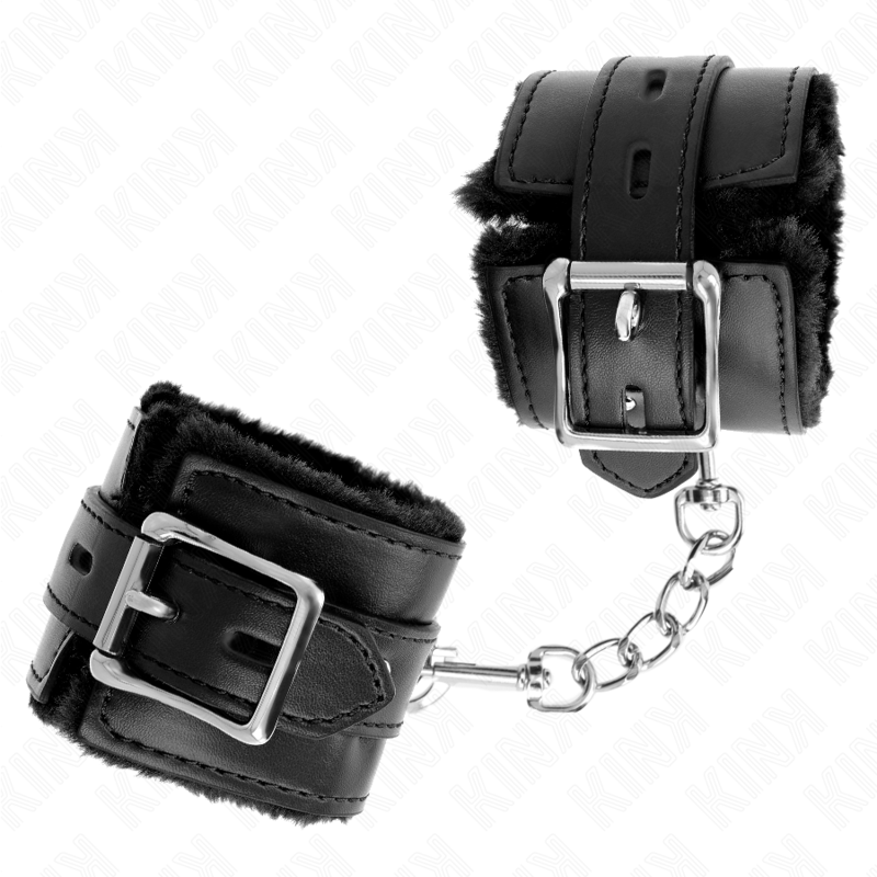KINK - MENOTTES DOUBLÉES DE FOURRURE AVEC DES TROUS CARRÉS, NOIR ET NOIR, CEINTURE RÉGLABLE 17-29 CM X 6 CM