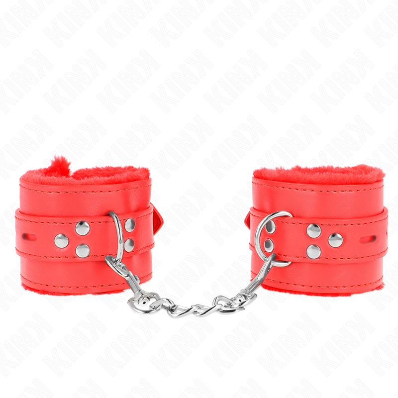 KINK - MENOTTES DOUBLÉES DE FOURRURE AVEC DES TROUS CARRÉS, ROUGE ET CEINTURE ROUGE, RÉGLABLES 17-29 CM X 6 CM