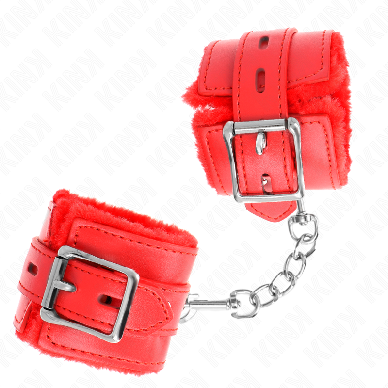 KINK - MENOTTES DOUBLÉES DE FOURRURE AVEC DES TROUS CARRÉS, ROUGE ET CEINTURE ROUGE, RÉGLABLES 17-29 CM X 6 CM