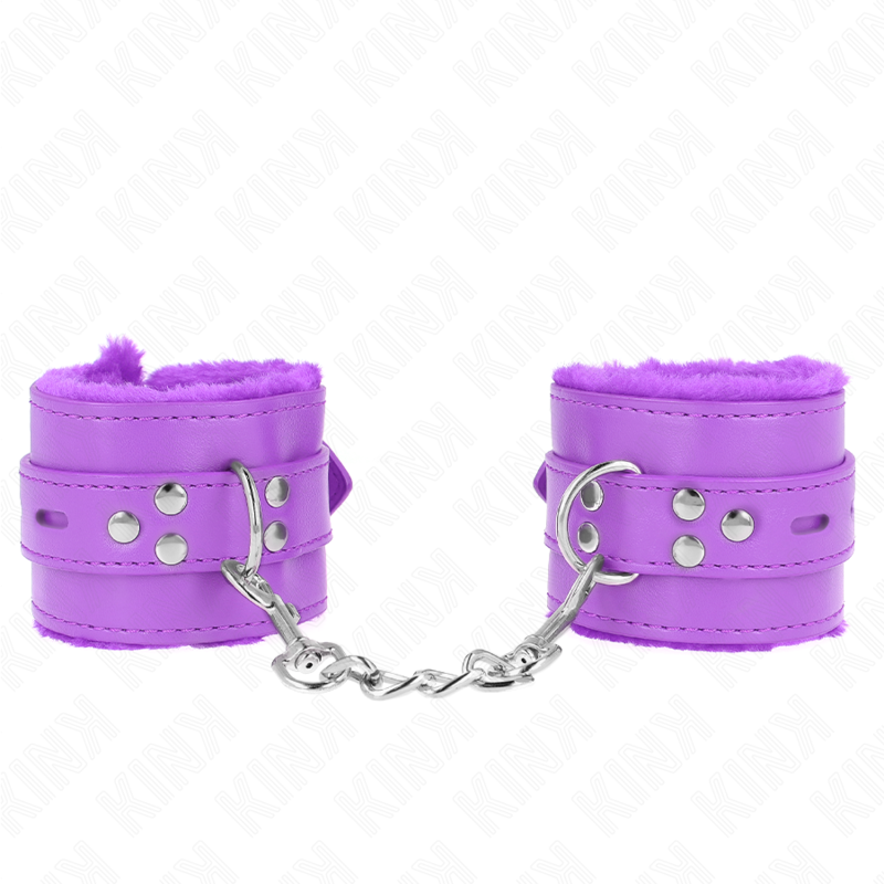 KINK - MENOTTES DOUBLÉES DE FOURRURE AVEC DES TROUS CARRÉS, VIOLET ET CEINTURE VIOLETTE, RÉGLABLE 17-29 CM X 6 CM