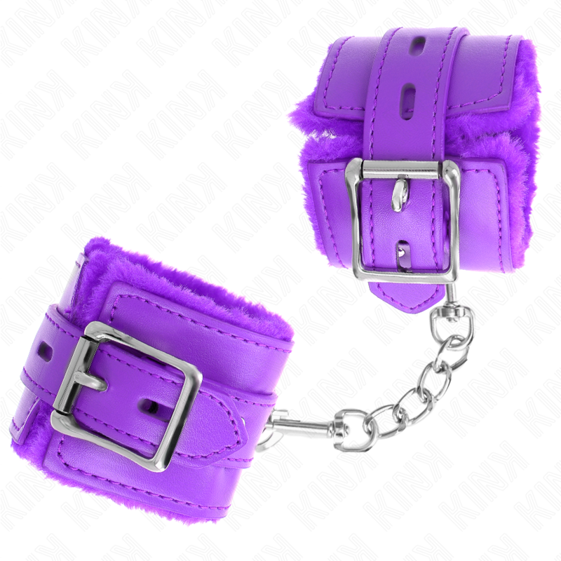 KINK - MENOTTES DOUBLÉES DE FOURRURE AVEC DES TROUS CARRÉS, VIOLET ET CEINTURE VIOLETTE, RÉGLABLE 17-29 CM X 6 CM