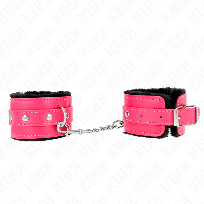 KINK - MENOTTES DOUBLÉES FOURRURE NOIR AVEC SANGLE FRAMBOISE RÉGLABLES 17-29 CM X 6 CM