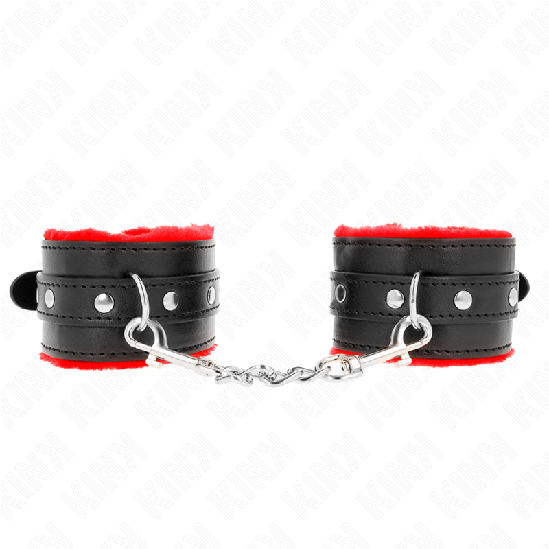 KINK - MENOTTES DOUBLÉES FOURRURE PREMIUM ROUGES AVEC CEINTURE NOIRE AJUSTABLES 17-29 CM X 6 CM