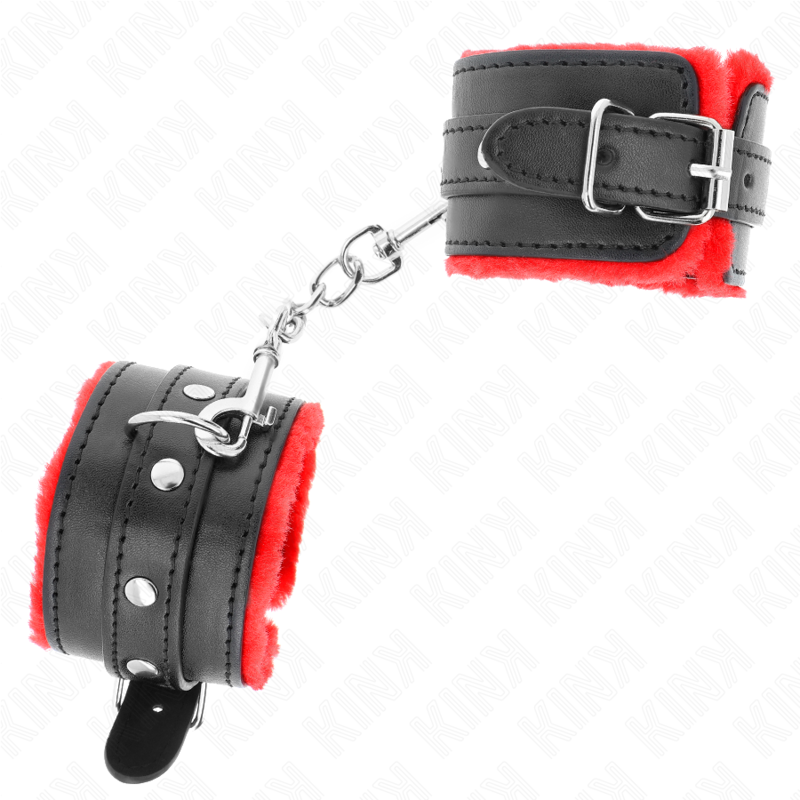 KINK - MENOTTES DOUBLÉES FOURRURE PREMIUM ROUGES AVEC CEINTURE NOIRE AJUSTABLES 17-29 CM X 6 CM