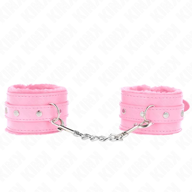 KINK - MENOTTES REMBOURRÉES EN FOURRURE PREMIUM ROSES AVEC CEINTURE ROSE RÉGLABLES 17-29 CM X 6 CM