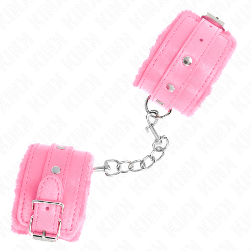 KINK - MENOTTES REMBOURRÉES EN FOURRURE PREMIUM ROSES AVEC CEINTURE ROSE RÉGLABLES 17-29 CM X 6 CM