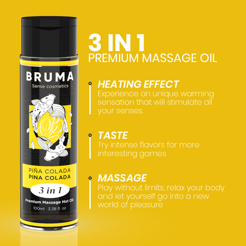 BRUMA - HUILE DE MASSAGE PREMIUM EFFET CHAUD, SAVEUR PINA COLADA 3 EN 1 - 100 ML