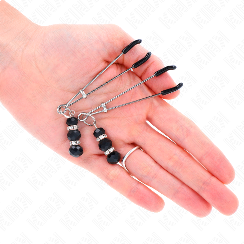 KINK - PINCES À NIPPLES FINES DORÉES AVEC 3 PERLES EN VERRE NOIRES 7 CM