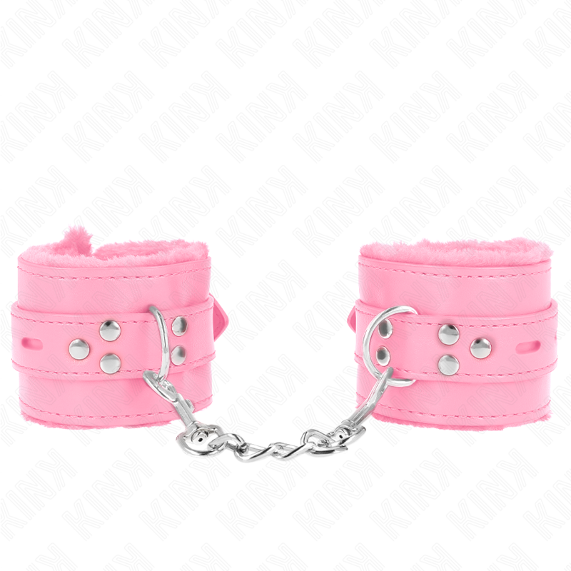 KINK - MENOTTES FOURRÉES À TROUS CARRÉS, ROSES AVEC SANGLE ROSE, RÉGLABLES 17-29 CM X 6 CM