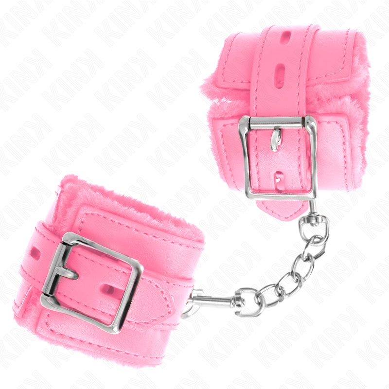 KINK - MENOTTES FOURRÉES À TROUS CARRÉS, ROSES AVEC SANGLE ROSE, RÉGLABLES 17-29 CM X 6 CM