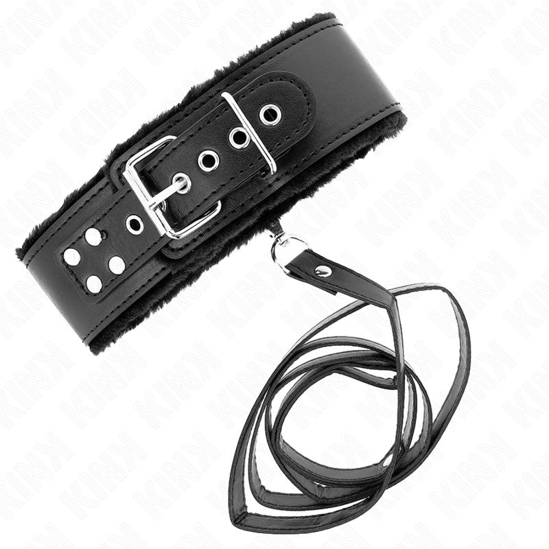 KINK - COLLIER AVEC LAISSE 116 CM AVEC RIVETS ARGENTÉS MODÈLE 4 NOIR RÉGLABLE 40-48 CM X 6 CM