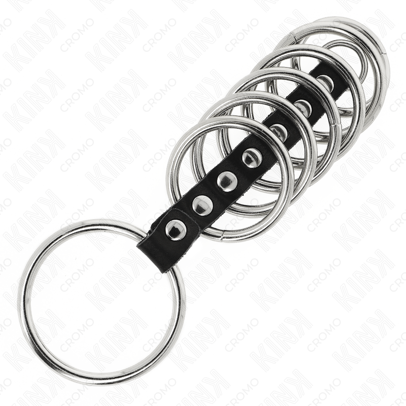 KINK - 7 ANNEAUX PÉNILIENS EN MÉTAL DE 3,2 CM À 5 CM RELIÉS PAR DU CUIR