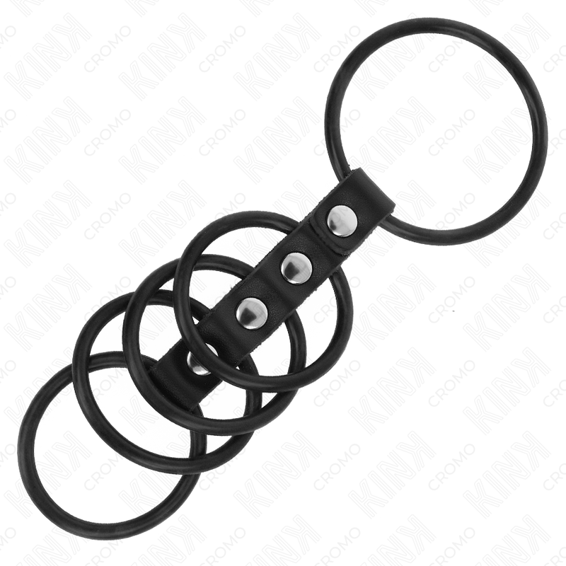 KINK - 5 ANNEAUX PÉNILIENS EN SILICONE DE 3,8 CM À 4,8 CM DE DIAMÈTRE RELIÉS PAR DU CUIR