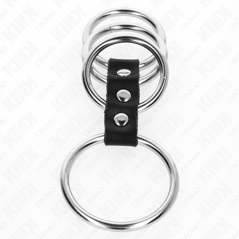 KINK - 4 ANNEAUX PÉNILIENS MÉTALLIQUES 3,7 CM À 5 CM RELIÉS PAR DU CUIR