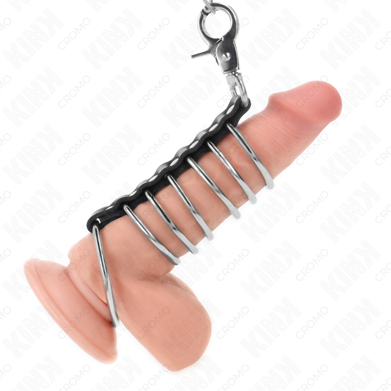 KINK - 7 ANNEAUX PÉNILIENS EN MÉTAL DE 3,8 CM À 5 CM RELIÉS PAR DU CUIR ET UNE CHAÎNE EN MÉTAL DE 100 CM