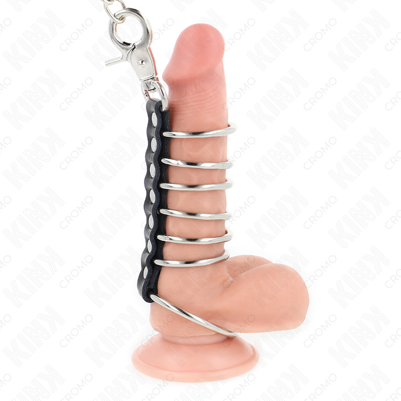 KINK - 7 ANNEAUX PÉNILIENS EN MÉTAL DE 3,8 CM À 5 CM RELIÉS PAR DU CUIR ET UNE CHAÎNE EN MÉTAL DE 100 CM