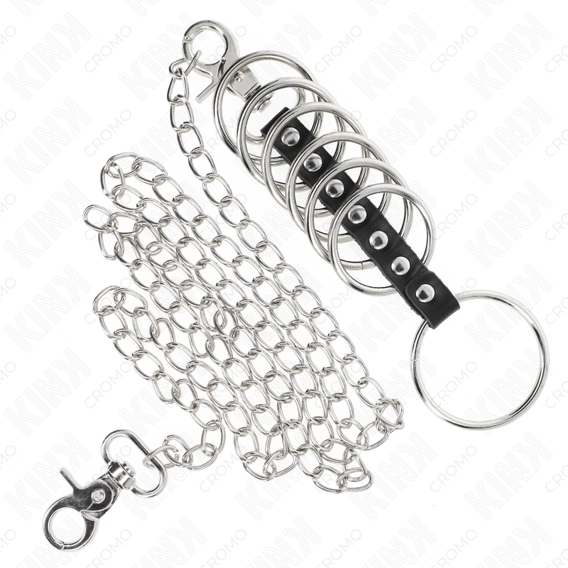 KINK - 7 ANNEAUX PÉNILIENS EN MÉTAL DE 3,8 CM À 5 CM RELIÉS PAR DU CUIR ET UNE CHAÎNE EN MÉTAL DE 100 CM